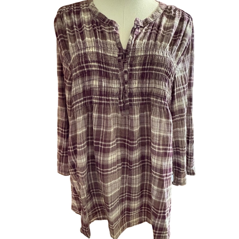 Maurices Purple Plaid Lace Back Tunic Top XXL Smocked Empire Roll Tab Blouse